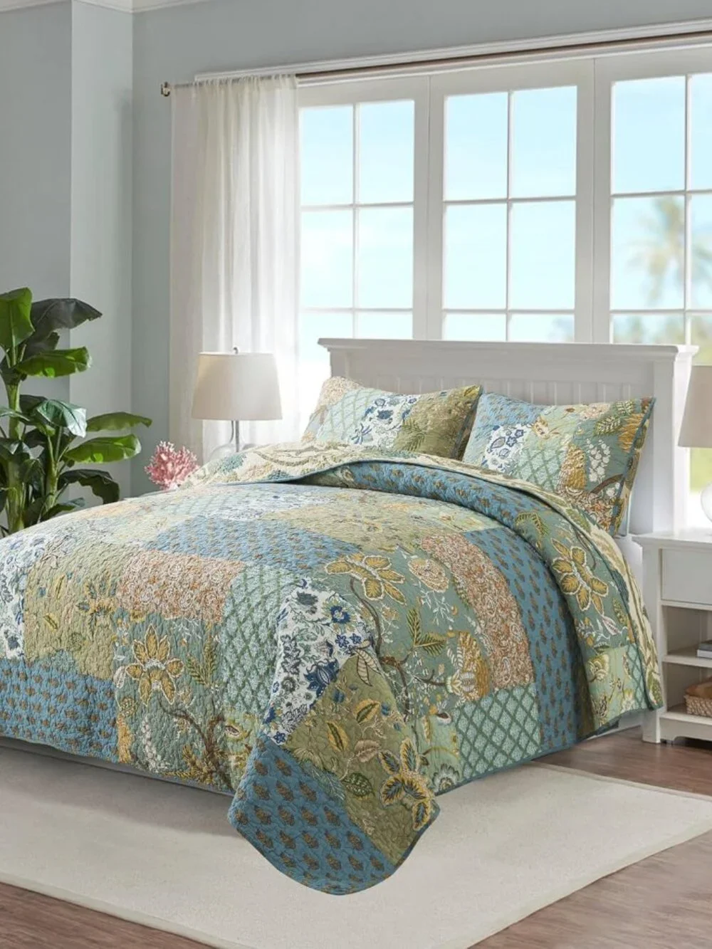 Quilt Set King Size, 100% Cotton Patchwork Green Bohemian Quilt Sets, Reversible_8